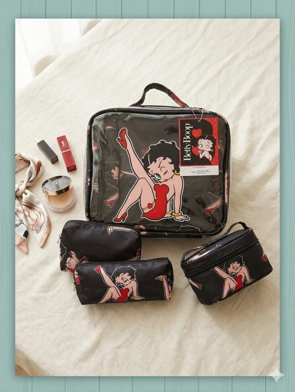 NWT Betty Boop 4pc Cosmetic Bag Set Clear Travel Case Pinup Leg